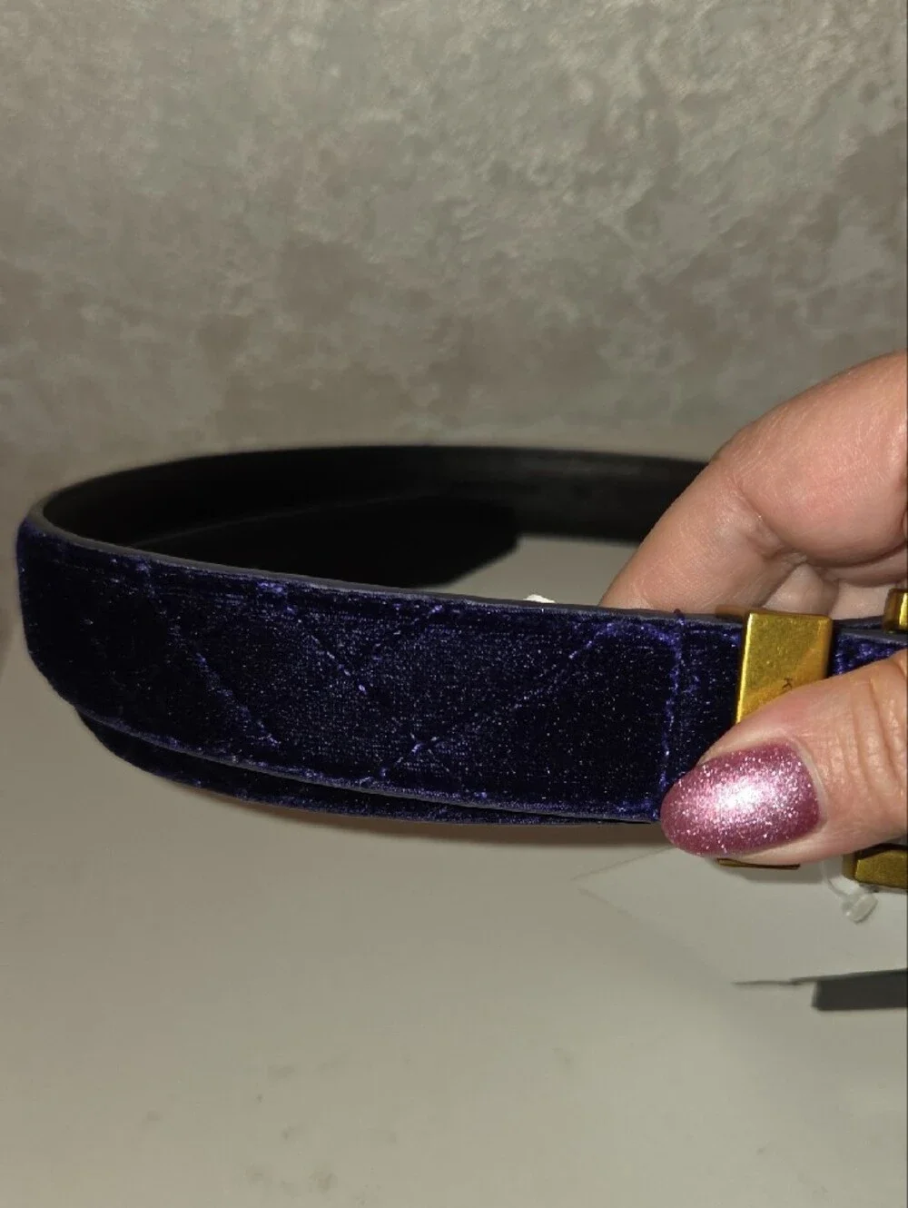 Kurt Geiger Navy Velvet Belt with Gold-Tone Buckle